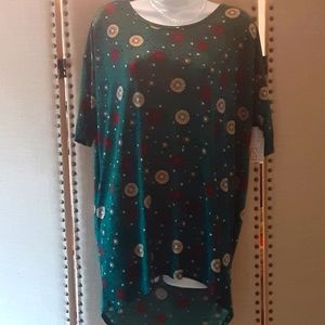 Lularoe size extra small Irma green, burgundy and tan long in the back top